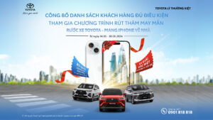 Read More About The Article Toyota Lý Thường Kiệt Công Bố Danh Sách Chính Thức Khách Hàng Đủ Điều Kiện Tham Gia Chương Trình Rút Thăm May Mắn Rước Xe Toyota – Rinh Iphone Về Nhà